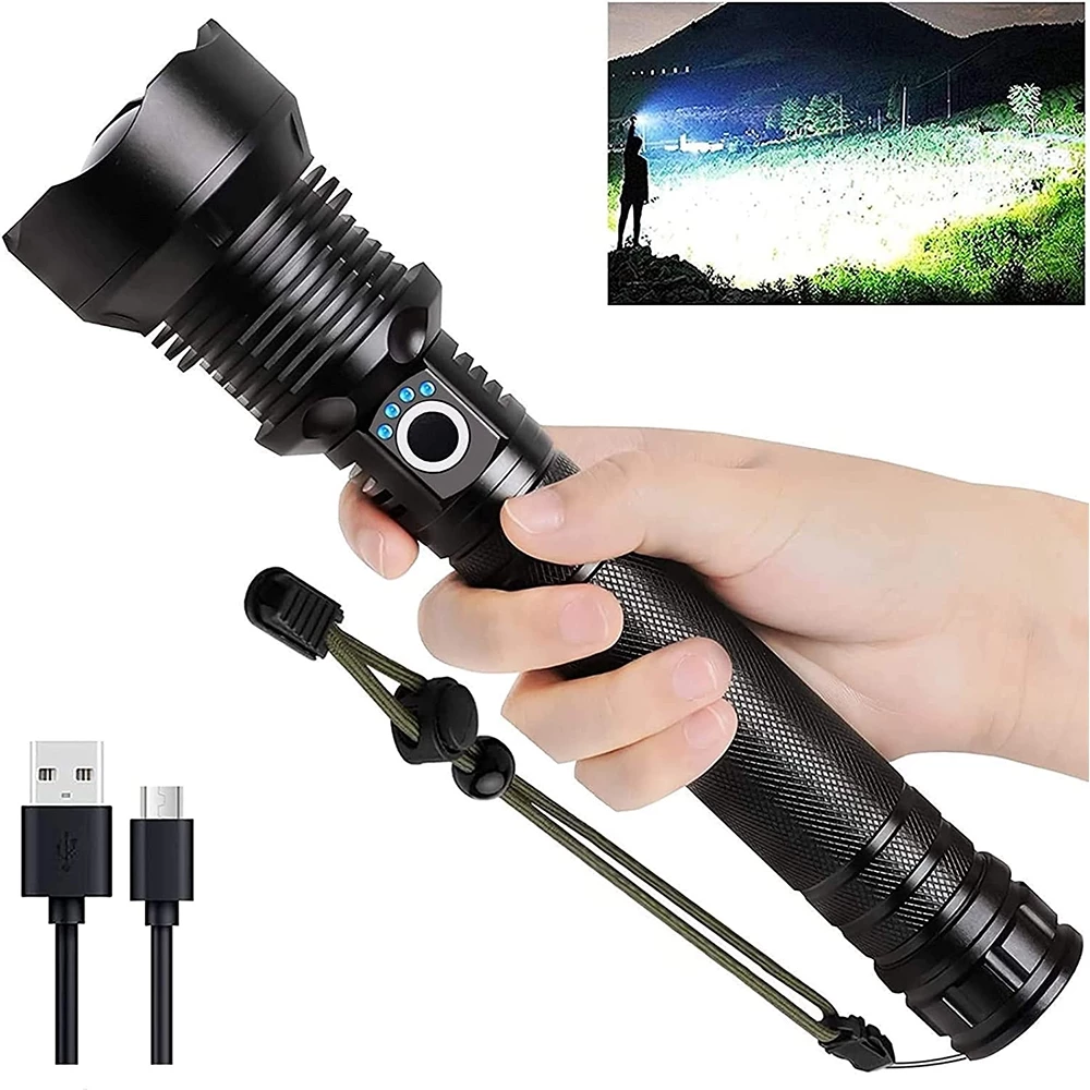 Super Bright Waterproof LED Flashlight - USB Rechargeable, 90000 Lumens